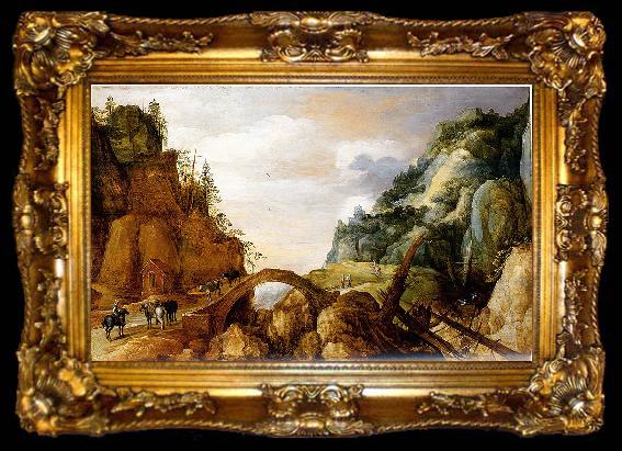 framed  Joos de Momper mountainous landscape with horsemen and travellers crossing a bridge., ta009-2